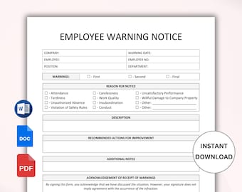 Employee Warning Notice. Printable Employee Write Up. Employee Discipline Form. Employee Performance. Employee Written Warning. HR form. PDF