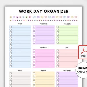 Puede incluir: Un organizador imprimible de la jornada laboral con secciones para listas de tareas, prioridades, proyectos, recordatorios, vencimientos, llamadas, correos electrónicos y reuniones. El planificador incluye un calendario en la parte superior y una opción de descarga en PDF.