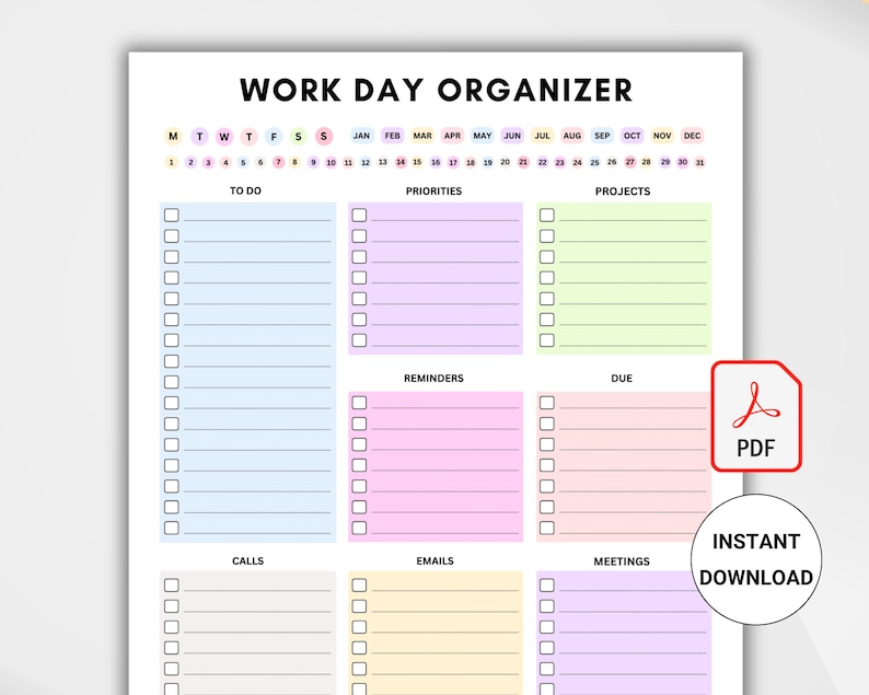 Op de afbeelding: Een afdrukbare werkdagorganizer met secties voor takenlijsten, prioriteiten, projecten, herinneringen, vervaldatums, oproepen, e-mails en vergaderingen. De planner bevat een kalender bovenaan en een PDF-downloadoptie. De tekst "WORK DAY ORGANIZER" staat bovenaan.