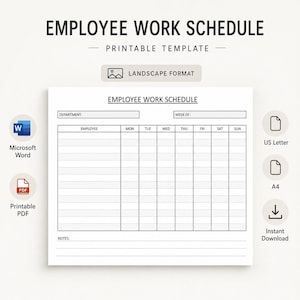 Könnte beinhalten: Eine druckbare Vorlage für einen Mitarbeiter-Arbeitsplan im Querformat. Das Dokument enthält ein Raster mit Spalten für Mitarbeiternamen und die Wochentage von Montag bis Sonntag. Es gibt Felder für Abteilung, Kalenderwoche und einen Notizbereich.