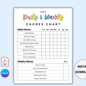 Weekly Chore Chart Editable. Kids Chore Chart List. Printable Chore Chart for Kids. Kids Daily Routine Checklist. Daily Responsibility Chart