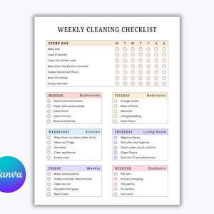 Planejador de Limpeza EDITÁVEL. Lista de Verificação de Limpeza. Planejador de Limpeza para TDAH. Tabela de Tarefas Domésticas para Imprimir. Download Digital CANVA