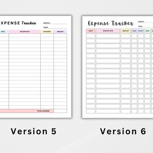 Puede incluir: Se muestran dos plantillas de seguimiento de gastos, Versi&oacute;n 5 y Versi&oacute;n 6. La Versi&oacute;n 5 tiene columnas para fecha, descripci&oacute;n, categor&iacute;a e importe. La Versi&oacute;n 6 incluye columnas para fecha, descripci&oacute;n, importe, efectivo, cr&eacute;dito, necesidad y deseo. Ambas tienen el t&iacute;tulo "Expense Tracker".