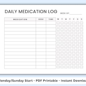 Dagelijkse medicatietracker. Medicatielogboek. Medicatieblad. Medicatielijst. Afdrukbaar medicijnlogboek voor verpleegkundigen. Tracker voor medicijninname