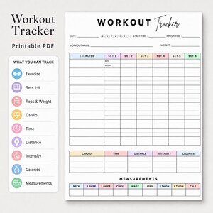 May include: A printable workout tracker PDF document featuring a white background with black text and colorful headers. The layout includes sections for date, time, exercise sets one through six, cardio metrics, and body measurements in a grid format.