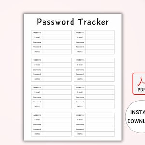 Simple Password Tracker Printable PDF, Password Log, Address Book, Password Keeper Sheet, Password Organizer Template Instant Download