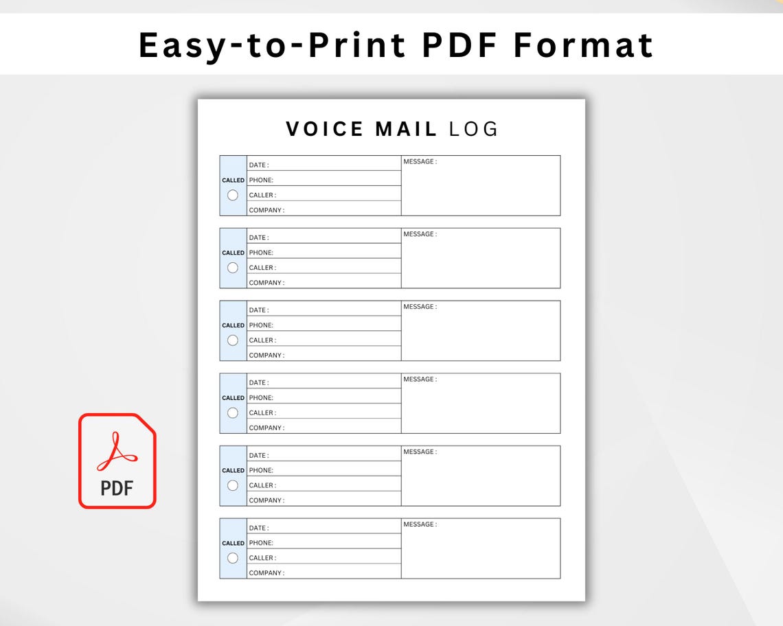 Mail Lo Example Voicemail Log Template Printable PDF, Phone Call Message Log, Office ...