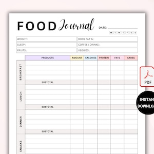 Daily Food Diary Journal Printable | Daily Calorie Tracker | Calorie Counting | Meal Journal | Food Log | Eating Journal Digital PDF