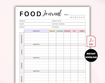 Diario alimentare stampabile in PDF, tracker dei pasti, modello per la pianificazione dei pasti, registro delle calorie, tracker per la salute, il benessere e la perdita di peso.