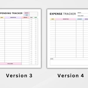 Puede incluir: Dos rastreadores financieros imprimibles, "Spending Tracker" y "Expense Tracker", en papel blanco. El "Spending Tracker" tiene secciones para fecha, descripci&oacute;n, cantidad, efectivo y tarjeta. El "Expense Tracker" incluye fecha, descripci&oacute;n, categor&iacute;a y cantidad.