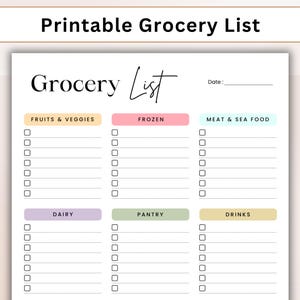 Puede incluir: Una plantilla de lista de la compra imprimible con secciones para frutas y verduras, alimentos congelados, carne y marisco, productos lácteos, despensa y bebidas. Cada sección tiene una lista de verificación con líneas en blanco para escribir los artículos.