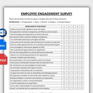 May include: A black and white employee engagement survey with a rating scale of 1 to 5. The survey asks questions about work aspects such as value and impact, communication, support, feedback, and professional development.