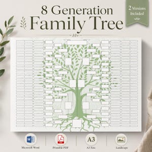 May include: An 8 generation family tree template featuring a central green tree illustration with numerous blank rectangular boxes for names. The text 8 Generation Family Tree is printed at the top, with icons for Microsoft Word, PDF, A3 size, and landscape.