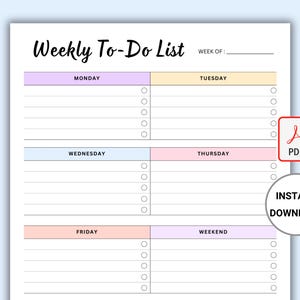 Op de afbeelding: Een printbare wekelijkse to-dolijst met een pastelkleurenschema. De dagen van de week staan in een kolomformaat met ruimte om taken te schrijven. De tekst "Weekly To-Do List" staat bovenaan de pagina.