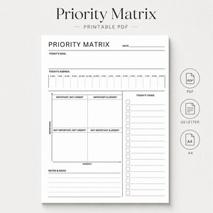 Op de afbeelding: Een witte, printbare PDF-prioriteitsmatrix plannerpagina met een koptekst, datumregel, doelsectie, urenagenda van 06:00 tot 21:00 uur, een vier-kwadrantenraster voor belangrijkheid en urgentie, takenlijst met vakjes en notities.