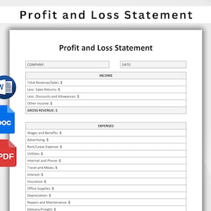 May include: A black and white printable profit and loss statement template with the title "Profit and Loss Statement" at the top. The template includes sections for income and expenses, with fields for entering company name, date, total revenue, sales returns, discounts and allowances, other income, gross revenue, wages and benefits, advertising, rent/lease expense, utilities, internet and phone, travel and meals, interest, insurance, office supplies, depreciation, repairs and maintenance, and delivery/freight.
