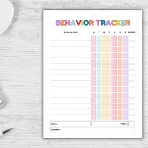 May include: A printable behavior tracker with a rainbow color scheme. The tracker has a section for behavior, days of the week, and points. There are spaces to write in a goal and reward.