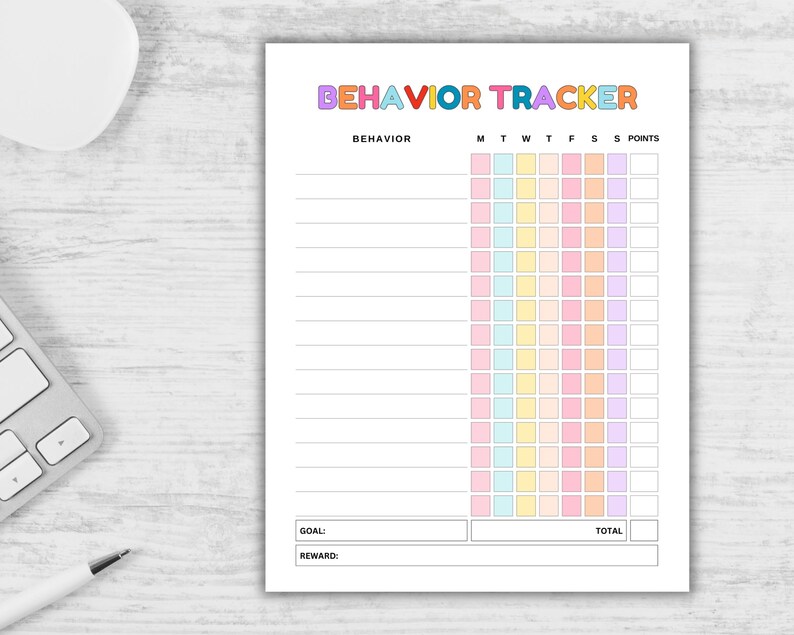 May include: A printable behavior tracker with a rainbow color scheme. The tracker has a section for behavior, days of the week, and points. There are spaces to write in a goal and reward.