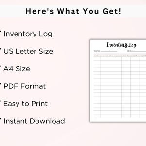 Puede incluir: Una plantilla de registro de inventario imprimible en formato PDF. La plantilla incluye columnas para SKU, descripci&oacute;n del art&iacute;culo, cantidad vendida, cantidad en stock y cantidad necesaria. La plantilla est&aacute; disponible en tama&ntilde;os US Letter y A4.
