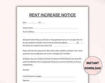 Printable Rental Increase Notice. Rental Increase Form. Rental Increase Letter. Notice of Rent Template. Tenant Notice. Editable Word, PDF