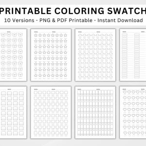 Op de afbeelding: Printbare kleurstaal met 10 verschillende ontwerpen. De ontwerpen omvatten vlinders, sterren, wolken, vierkanten, rechthoeken en harten. De kleurstalen zijn zwart-wit en klaar om in te kleuren.