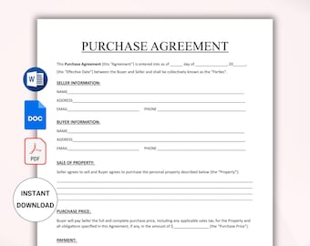 EDITABLE Purchase Agreement Template. Purchase and Sale Contract. Contract of Sales. Property Purchase agreement. Printable PDF & MS Word