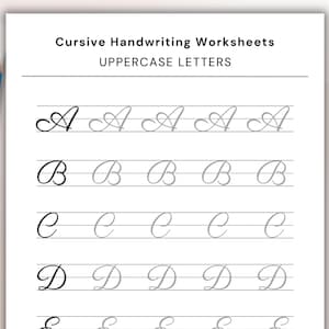 Puede incluir: Hoja de trabajo de escritura cursiva para letras mayúsculas de la A a la E. Cada letra se muestra cinco veces con una línea punteada para trazar.