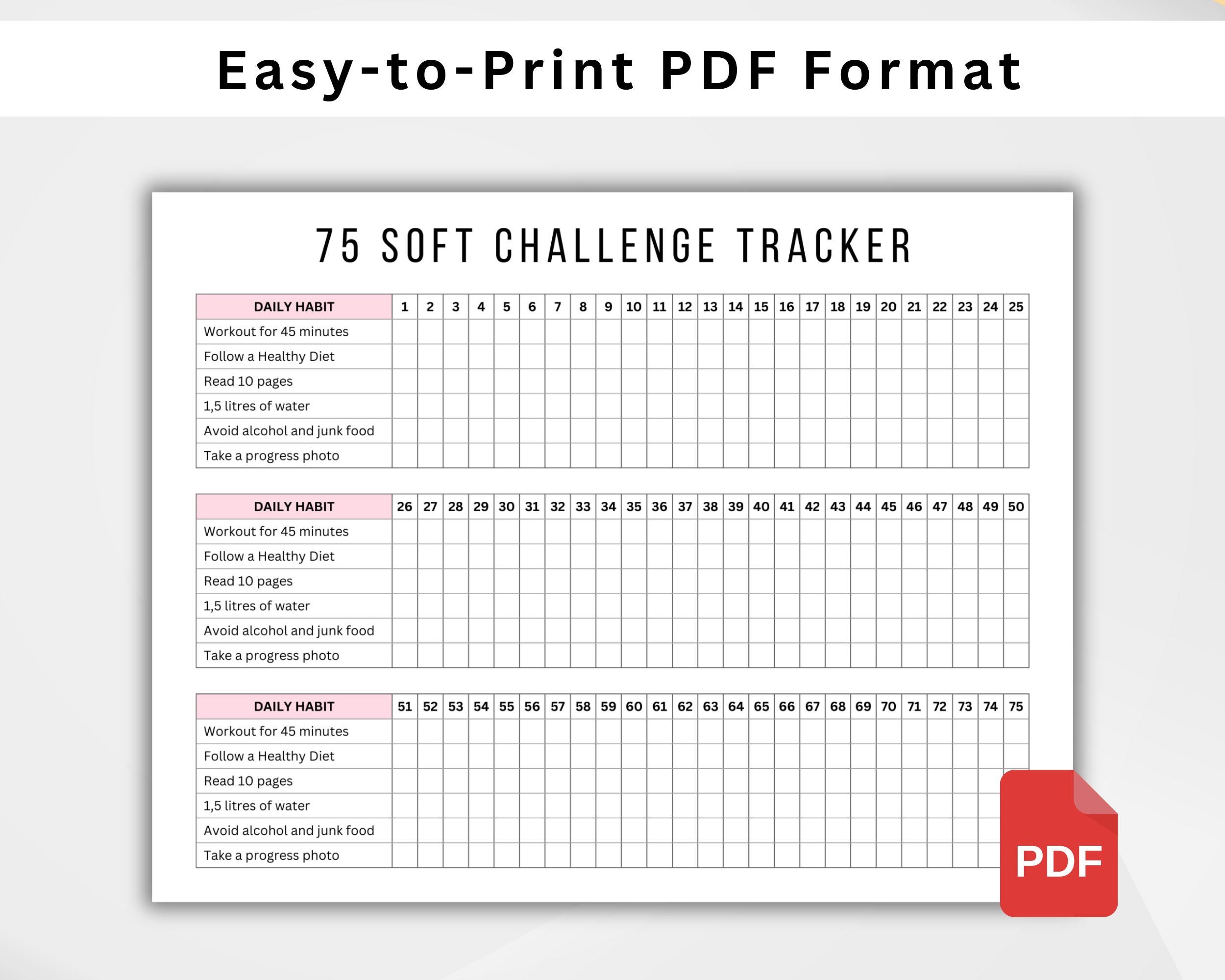 Editable 75 Soft Challenge Tracker. Printable 75 Soft Challenge. 75 Day ...