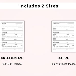 K&ouml;nnte beinhalten: Druckbare Quittungsvorlage in zwei Gr&ouml;&szlig;en: US Letter (8,5 x 11 Zoll) und A4 (8,27 x 11,69 Zoll). Die Vorlage enth&auml;lt drei Quittungsformulare pro Seite.