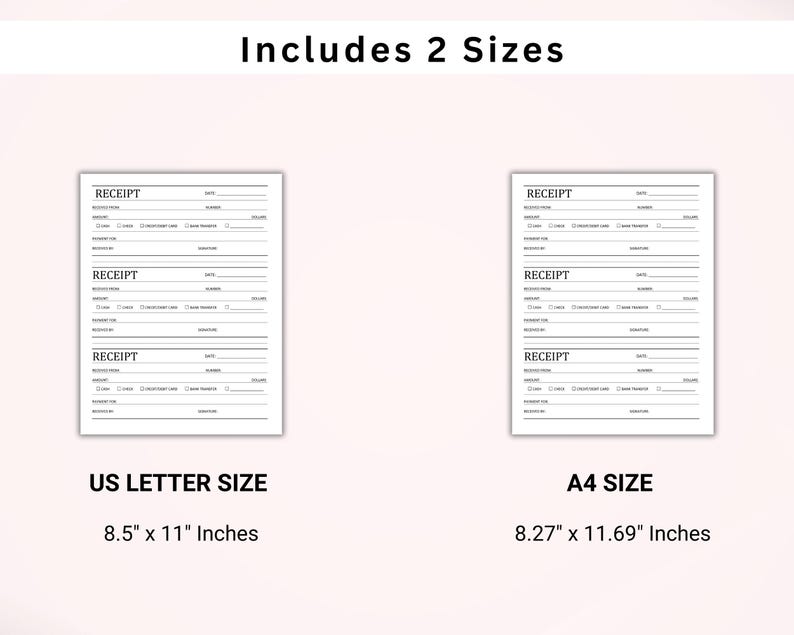 K&ouml;nnte beinhalten: Druckbare Quittungsvorlage in zwei Gr&ouml;&szlig;en: US Letter (8,5 x 11 Zoll) und A4 (8,27 x 11,69 Zoll). Die Vorlage enth&auml;lt drei Quittungsformulare pro Seite.