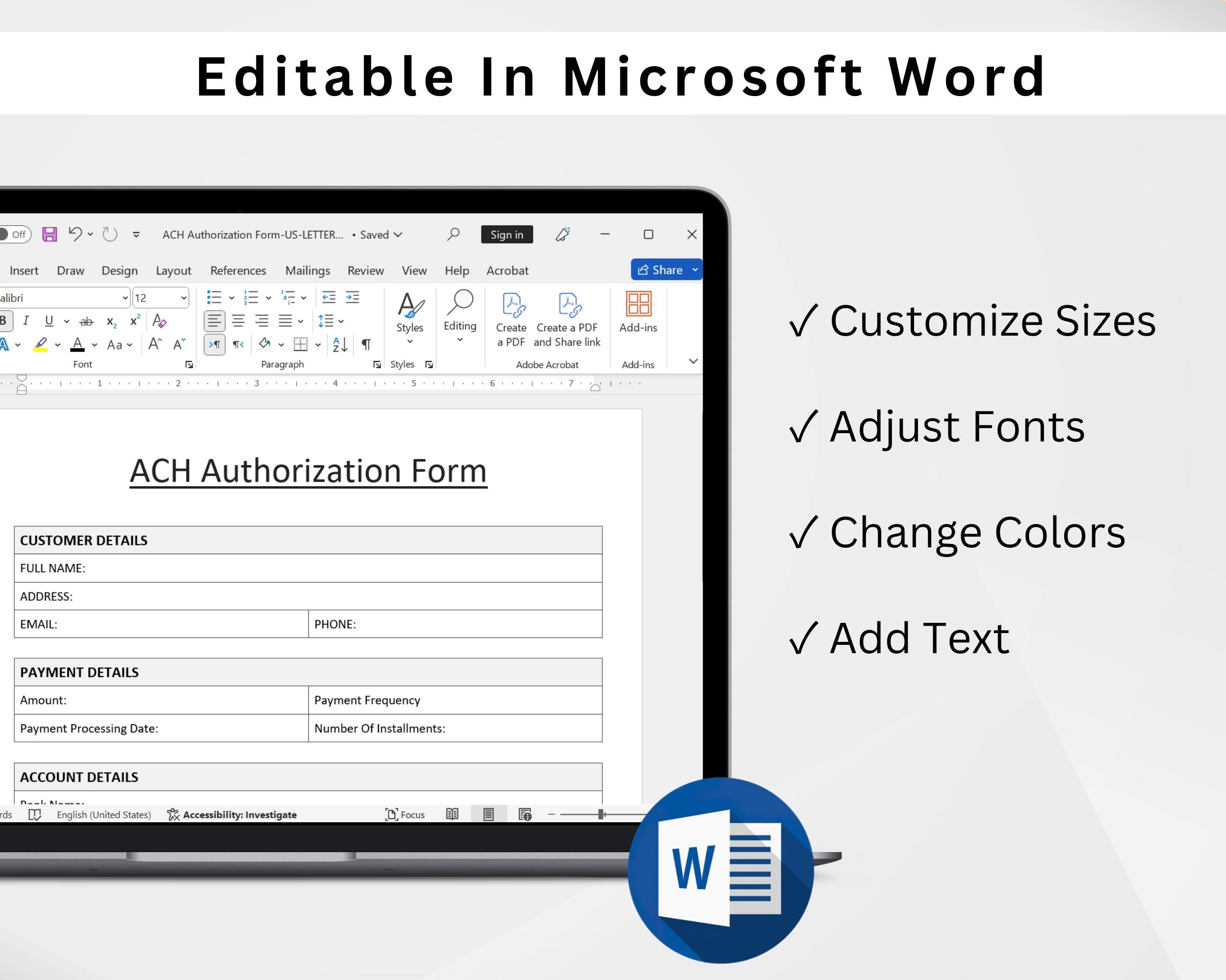 ACH Authorization Form Template. Editable Debit Authorization for ...