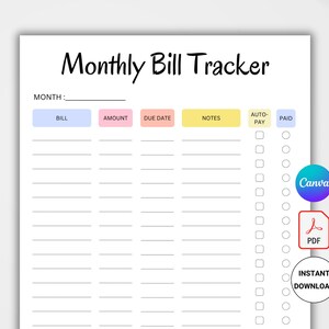 Op de afbeelding: Een printbare maandelijkse factuurtracker met kolommen voor factuurnaam, bedrag, vervaldatum, notities, automatische betaling en betaald. De tracker heeft selectievakjes voor automatische betaling en betaald, en een ruimte om de maand in te vullen.