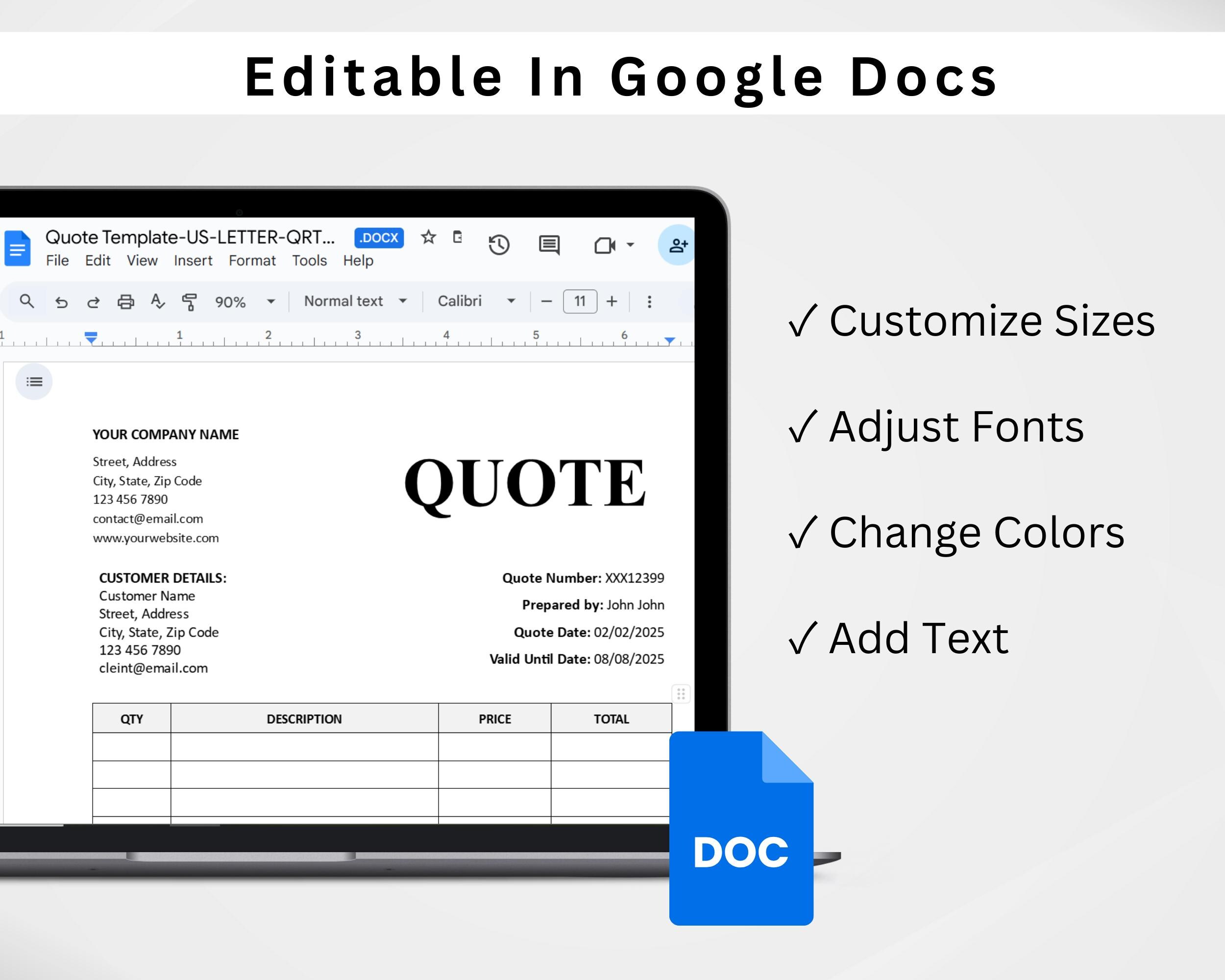 Quote Template. Quote Form. Job Quote. Job Proposal. Editable Quotation ...