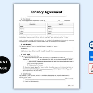 May include: A black and white printable tenancy agreement form with the text "Tenancy Agreement" at the top. The form includes sections for the landlord and tenant information, property details, lease term, and occupants.