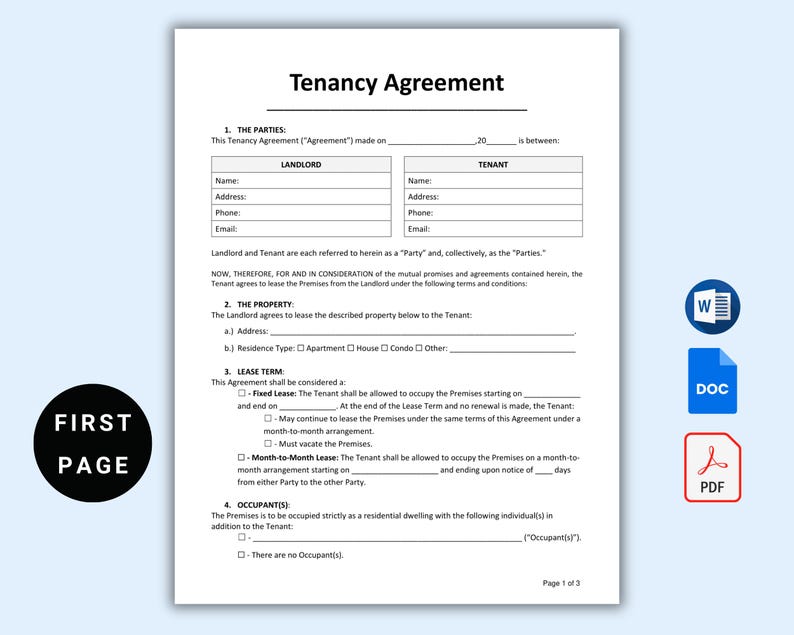 May include: A black and white printable tenancy agreement form with the text "Tenancy Agreement" at the top. The form includes sections for the landlord and tenant information, property details, lease term, and occupants.
