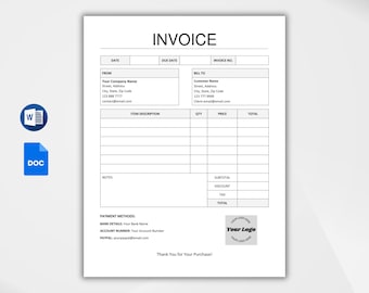May include: A blank invoice template with fields for date, due date, invoice number, from, bill to, item description, quantity, price, total, subtotal, discount, tax, and total. It also includes a section for notes and payment methods.