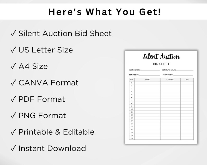Printable Silent Auction Bid Sheet. Silent Auction Sign up Sheet ...