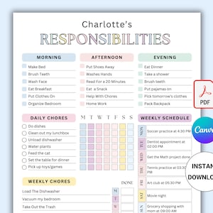 Responsibility Chart for Kids. Weekly Chore Chart Schedule Template. Printable Responsibility Chore Chart for Teens. Kids Daily Chore List.