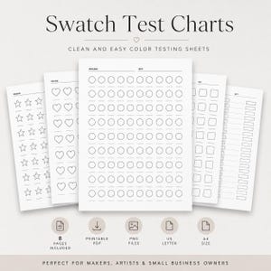 Pode incluir: Uma coleção de folhas de teste de amostras brancas com contornos pretos apresentando estrelas, corações, círculos, quadrados e retângulos. O texto diz Swatch Test Charts, Clean and Easy Color Testing Sheets, 8 Pages Included, Printable PDF, PNG Files, US Letter e A4 Size.