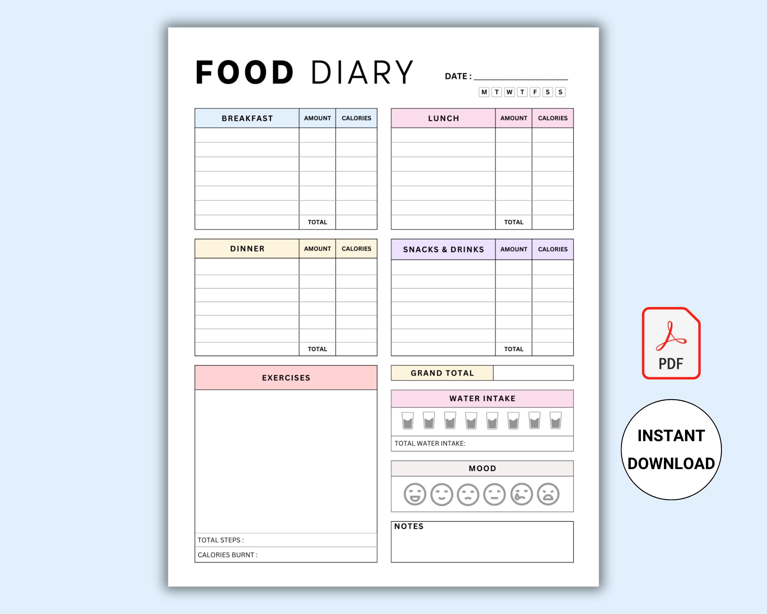 Printable Daily Food Journal Daily Calorie Tracker Calorie Counting Printable Daily Food Journal Daily Calorie Tracker Calorie Counting