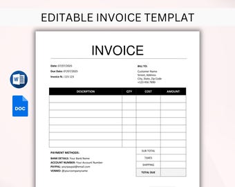 Printable Invoice Template, Editable Business Invoice Form, Custom Billing Template, Word & Google Docs, Instant Download