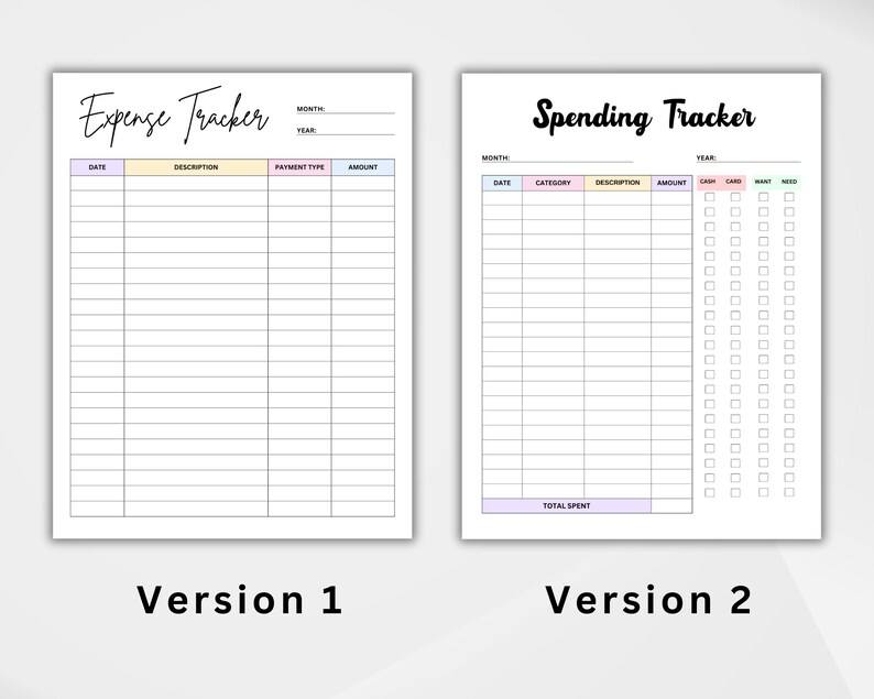 Puede incluir: Dos plantillas blancas imprimibles para el seguimiento de gastos. La versi&oacute;n 1 est&aacute; etiquetada como "Expense Tracker" con campos para fecha, descripci&oacute;n, tipo de pago e importe. La versi&oacute;n 2 es "Spending Tracker".