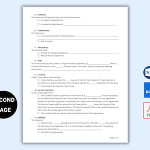 May include: A second page of a lease agreement with sections for purpose, furnishings, appliances, rent, late fee, security deposit, and parking. The page includes checkboxes for various options.