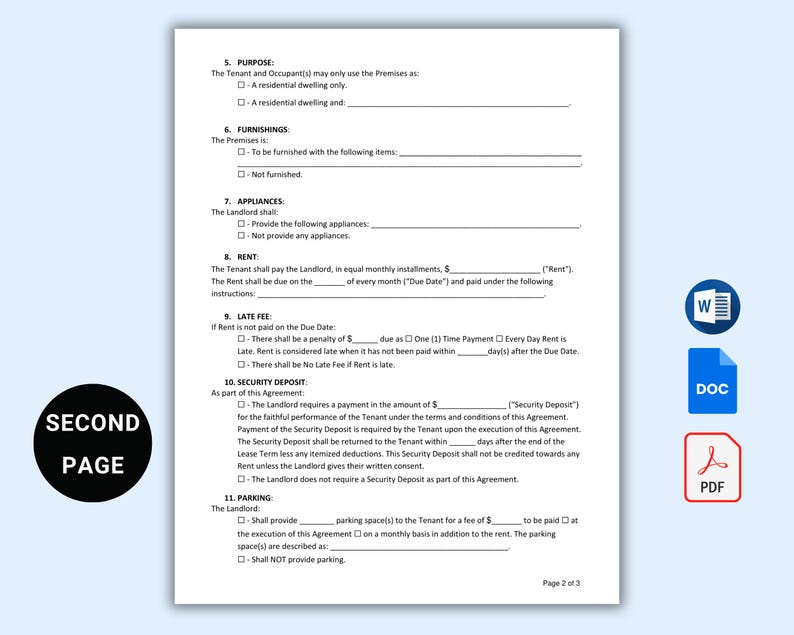 May include: A second page of a lease agreement with sections for purpose, furnishings, appliances, rent, late fee, security deposit, and parking. The page includes checkboxes for various options.