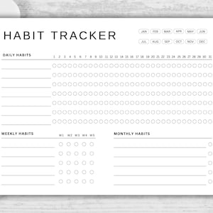 May include: A black and white printable habit tracker with sections for daily, weekly, and monthly habits. The tracker includes a calendar with the months of the year and numbered days.