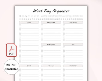 Work Day Organizer Printable PDF, Daily Work Planner, Work To Do List, Work Checklist, Productivity Planner
