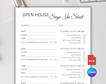 EDITABLE Open House Sign In Sheet. Real Estate Marketing. Realtor Open House Flyers and Forms. Sign In Sheet. Canva & PDF. Instant Download