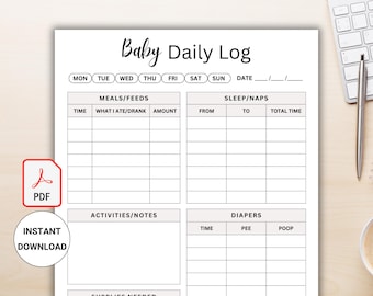 Afdrukbaar dagelijks logboek baby, dagelijks logboek baby, tracker pasgeboren baby, logboek babyvoeding, oppashulp, oppaslogboek, pdf-bestand peuterlogboek