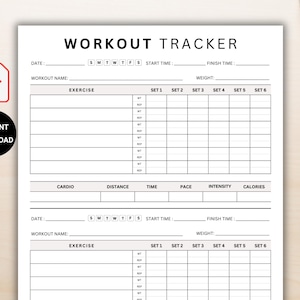 May include: A printable workout tracker with two pages. The top page has a section for cardio, distance, time, pace, intensity, and calories. The bottom page has a section for exercise, sets, and weight.