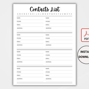 Printable Contacts List | Phone & Address Book Template | Emergency Contact Sheet | Contact Information Template | Contact Organizer PDF